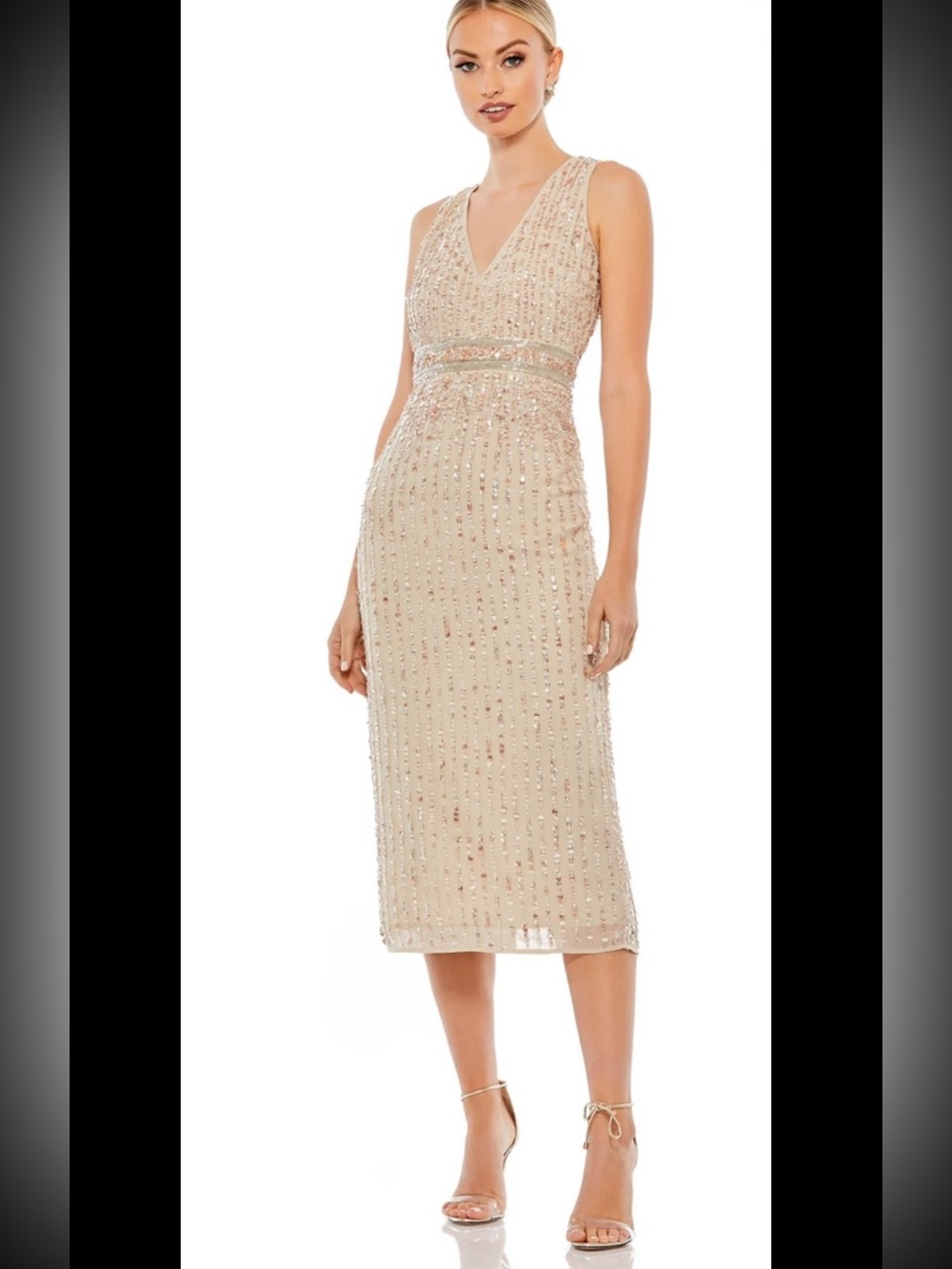 Mac Duggal Sequnned Chiffon Midi Dress, Nude, Sz 0, New Without Tag, No Issues
